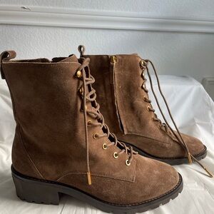 Tory Burch Suede Combat Lug Sole Lace Up Boots